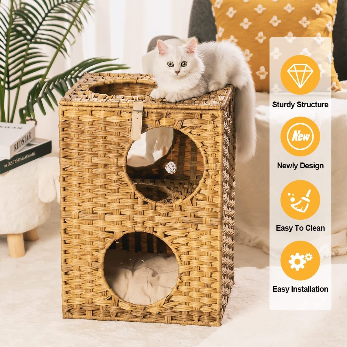 MEWOOFUN Cat House Wicker Cat Bed for Indoor Cats Woven Rattan Cat