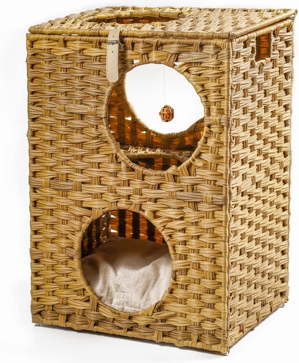 MEWOOFUN Cat House Wicker Cat Bed for Indoor Cats Woven Rattan Cat